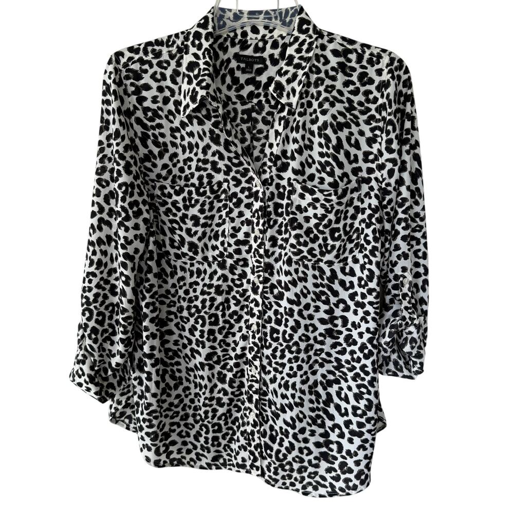 Talbots Size L Animal Print Buttondown Blouse Rol… - image 1